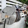 imageGiraffe Tools Stainless Steel Garden Hose Reel with 58quot x 100 ft Heavy Duty Hose WallFloor Mounted Metal Water Hose Reel with Crank HandleSilver