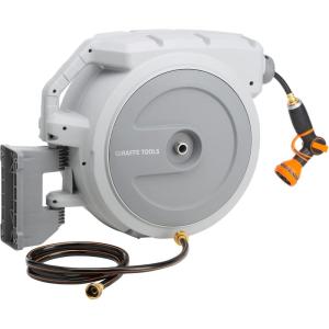imageGiraffe Tools AW4012QS Retractable Garden Hose Reel 12quot x 130 ft Heavy Duty Wall Mounted Hose Reel 9 Pattern Nozzle Swivel Bracket Any Length Lock 130ft Light Grey