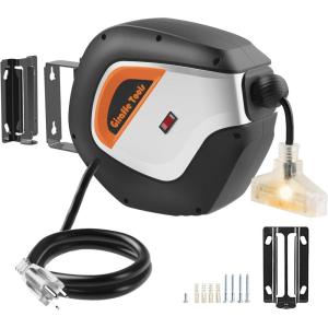 imageGiraffe Tools DE14 Retractable Extension Cord Reel 50 ft 143AWG Power Cord Storage Reel WallCeiling Mount Lighted Triple Tap Outlet 50ft Black Orange14AWG 50FT