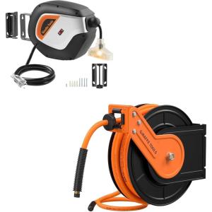 imageGiraffe Tools DE14 Retractable Extension Cord Reel 50 ft 143AWG Power Cord Storage Reel WallCeiling Mount and TA15B Retractable Air Hose Reel Wall Mount 38quot x 50 ft Hybrid Hose Auto Rewind