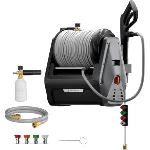 imageGiraffe Tools Grandfalls Pressure Washer Plus Electric Wall Mount Power Washer with 100FT UltraSoft Pressure Hoses 2900PSI 22GPM 4 Nozzles Foam Cannon for CarsPatios Dark SilverPlus 100ft Ultrasoft Pressure Hoses