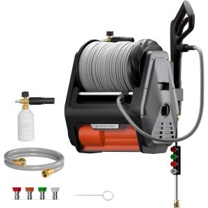imageGiraffe Tools Grandfalls Pressure Washer Pro Electric Wall Mount Power Washer with 100FT Retractable Pressure Hoses 3700PSI 16GPM 4 Nozzles Foam Cannon for CarsPatios Dark SilverPro 100ft Pressure Hoses