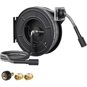 imageGiraffe Tools Pressure Washer Hose Reel 60ft Power Washer Hose Reel Pressure Washer Retractable Hose Reel Heavy Duty Replaceable Hoses WallFloor Mounted 4000 PSI Dark Silver60ft  4000psi
