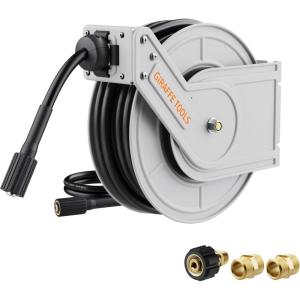 imageGiraffe Tools Pressure Washer Hose Reel 60ft Power Washer Hose Reel Pressure Washer Retractable Hose Reel Heavy Duty Replaceable Hoses WallFloor Mounted 4000 PSI Dark Silver65ft  3200psi