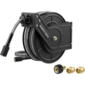 imageGiraffe Tools Pressure Washer Hose Reel 60ft Power Washer Hose Reel Pressure Washer Retractable Hose Reel Heavy Duty Replaceable Hoses WallFloor Mounted 4000 PSI Dark SilverReplaceable hoses 60ft  4000psi