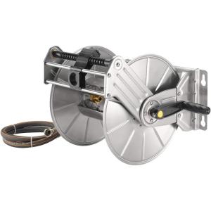 imageGiraffe Tools Stainless Steel Garden Hose Reel with 58quot x 100 ft Heavy Duty Hose WallFloor Mounted Metal Water Hose Reel with Crank HandleSilver