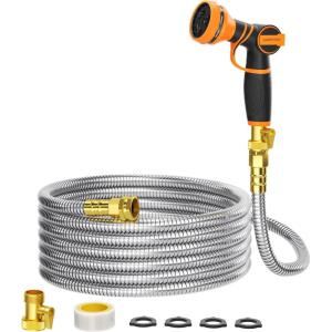 imageGirafe Tools Garden Hose 25ft x 58quot 304 Stainless Steel Metal Water Hose No Kink Garden Water Hose with 9 Pattern Spray Nozzle Flexible Lightweight Kink Free Hose for Yard Outdoor50FT 58