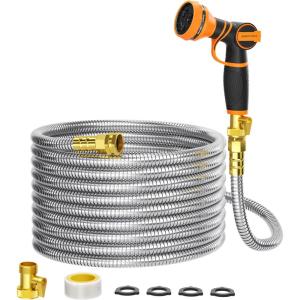 imageGirafe Tools Garden Hose 25ft x 58quot 304 Stainless Steel Metal Water Hose No Kink Garden Water Hose with 9 Pattern Spray Nozzle Flexible Lightweight Kink Free Hose for Yard Outdoor75FT 58