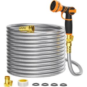 imageGirafe Tools Garden Hose 25ft x 58quot 304 Stainless Steel Metal Water Hose No Kink Garden Water Hose with 9 Pattern Spray Nozzle Flexible Lightweight Kink Free Hose for Yard Outdoor100FT 58