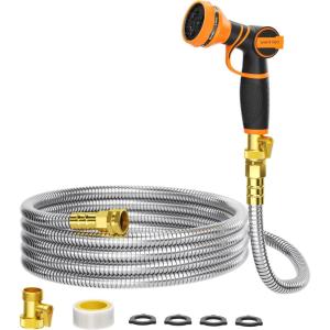 imageGirafe Tools Garden Hose 25ft x 58quot 304 Stainless Steel Metal Water Hose No Kink Garden Water Hose with 9 Pattern Spray Nozzle Flexible Lightweight Kink Free Hose for Yard Outdoor25FT 58