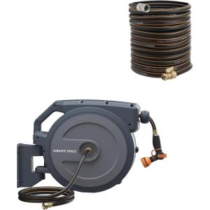 imageGiraffe Tools Hybrid Garden Hose 75ft x 58quotMale and Female FittingsFlexibleHeavy Duty and AW40 Retractable Hose Reel 58quot x 90 ft Wall Mounted Hose Reel Heavy DutyAutomatic Rewind180 Deg Swivel