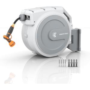 imageGiraffe Tools Metal Retractable Hose Reel 130 FT Wall Mounted Heavy Duty Hose Reel with 9 Pattern Nozzle 180 Deg Swivel Metal Bracket Any Length Lock 12 130FT PRO Dark GreyLight Grey