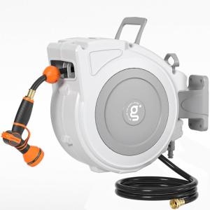 imageGiraffe Tools Retractable Hose Reel 12quot x 65 ft Heavy Duty Water Hose Reel Swivel Bracket Any Length Lock with 9Function Sprayer Nozzle65FT