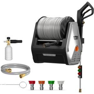 imageGiraffe Tools Wall Mounted Pressure Washer Plus with Upgraded 1800W Motor Max 2900 PSI 22 GPM Electric Power Washer with 100ft Retractable Pressure Hose for Car Automatic Rewind Any Length LockLight Silver