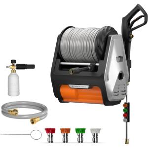 imageGiraffe Tools Wall Mounted Pressure Washer PRO with Upgraded 1800W Brushless Motor Max 3700PSI Electric Power Washer with 100ft Detachable Hose for CarPatios Automatic Rewind Any Length LockLight Silver