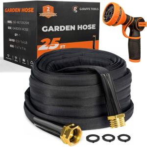 imageGiraffe Tools Garden Hose 25FT Lightweight Lay Flat Water Hose Kink Free Flexible Hose with 9 Spray Function NozzleBlack25FT
