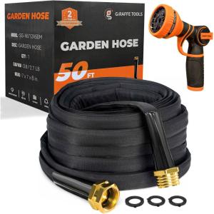 imageGiraffe Tools Garden Hose 25FT Lightweight Lay Flat Water Hose Kink Free Flexible Hose with 9 Spray Function NozzleBlack50FT