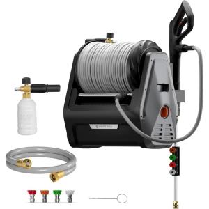imageGiraffe Tools Grandfalls Wall Mount Pressure Washer Plus Max 2900PSI 22 GPM Electric Power Washer with 100ft Pressure Hose for CarPatios Automatic Rewind Dark SilverPlus 100ft pressure hoses