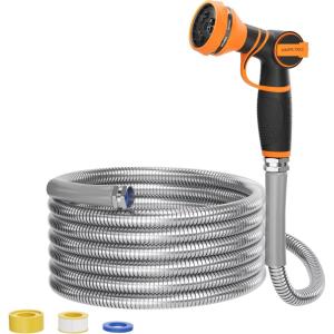 imageGirafe Tools Garden Hose 50ft x 34quot 304 Stainless Steel Metal Water Hose No Kink Garden Water Hose with 9 Pattern Spray Nozzle Flexible Lightweight Kink Free Hose for Yard Outdoor50FT 34