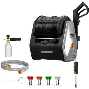imageGiraffe Tools Wall Mounted Pressure Washer G30 with Upgraded 1800W Motor Max 2900 PSI 22 GPM Electric Power Washer with 100ft Retractable Black Pressure Hose Automatic Rewind Light SilverLight Silver