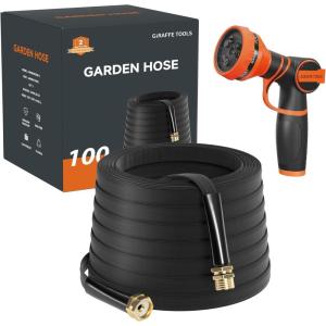 imageGiraffe Tools Garden Hose 75FT Lightweight Lay Flat Water Hose Kink Free Flexible Hose with 9 Spray Function Nozzle Black100Ft