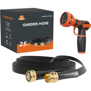 imageGiraffe Tools Garden Hose 75FT Lightweight Lay Flat Water Hose Kink Free Flexible Hose with 9 Spray Function Nozzle Black25Ft