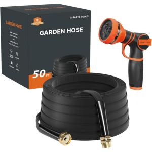 imageGiraffe Tools Garden Hose 75FT Lightweight Lay Flat Water Hose Kink Free Flexible Hose with 9 Spray Function Nozzle Black50Ft