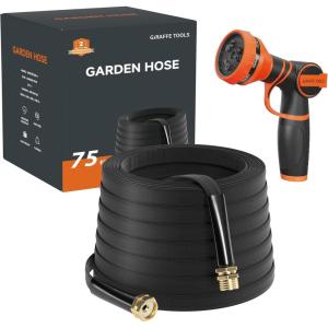 imageGiraffe Tools Garden Hose 75FT Lightweight Lay Flat Water Hose Kink Free Flexible Hose with 9 Spray Function Nozzle Black75Ft